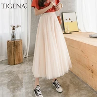 tigena long maxi tutu tulle skirts women 2021 spring summer vintage mesh big hem a line elastic high waist pleated skirt female
