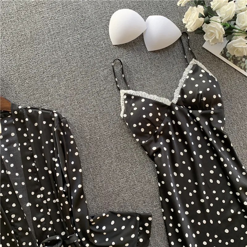 

Lady Kimono Robe Gown Set Sexy V-Neck Polka Dot Print Nightgown Spring Rayon Bathrobe Sweet Lace Trim Spaghetti Strap Nightdress