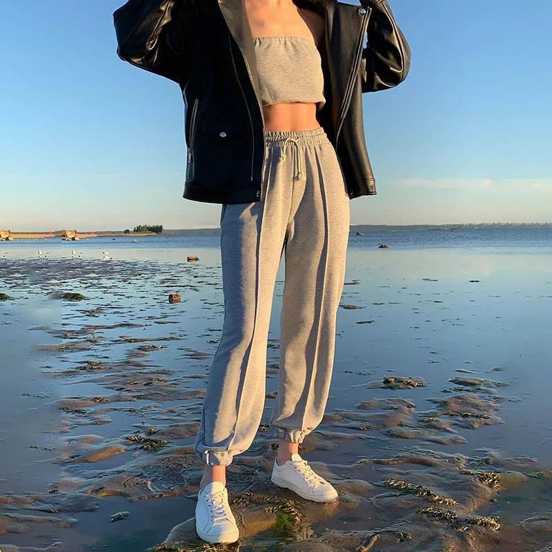 

AIIOU Autumn Winter Women's Cotton Loose Trousers Gray Solid Sweatpants High Waist Full Length Pants Sporting Streetwear Pants