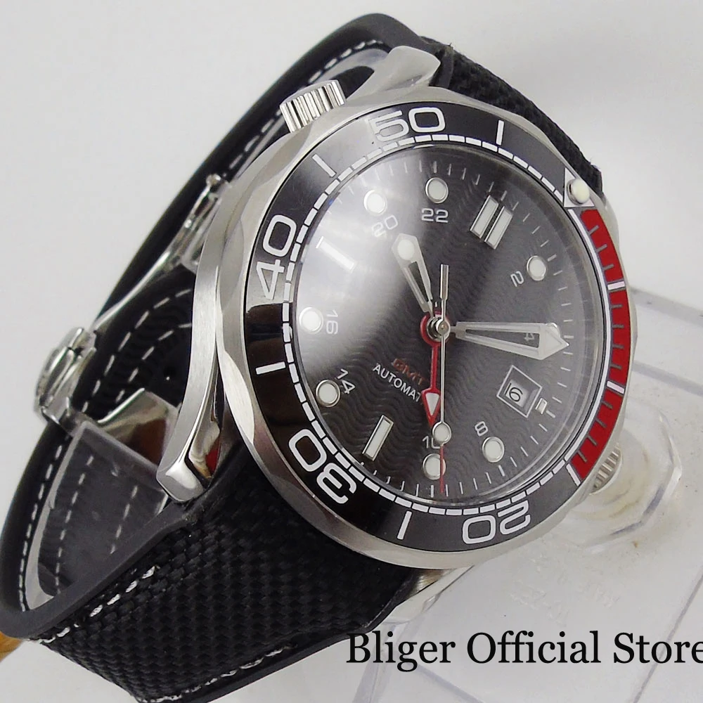 BLIGER черные Автоматические Мужские часы GMT ручной сапфировое стекло вращающаяся