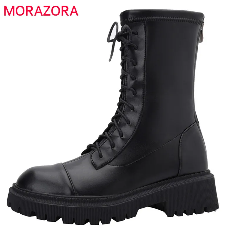 

MORAZORA 2022 New Arrive Ankle Boots Women Shoes Lace Up Round Toe Zip Autumn Winter Fashion Casual Women Boots Black
