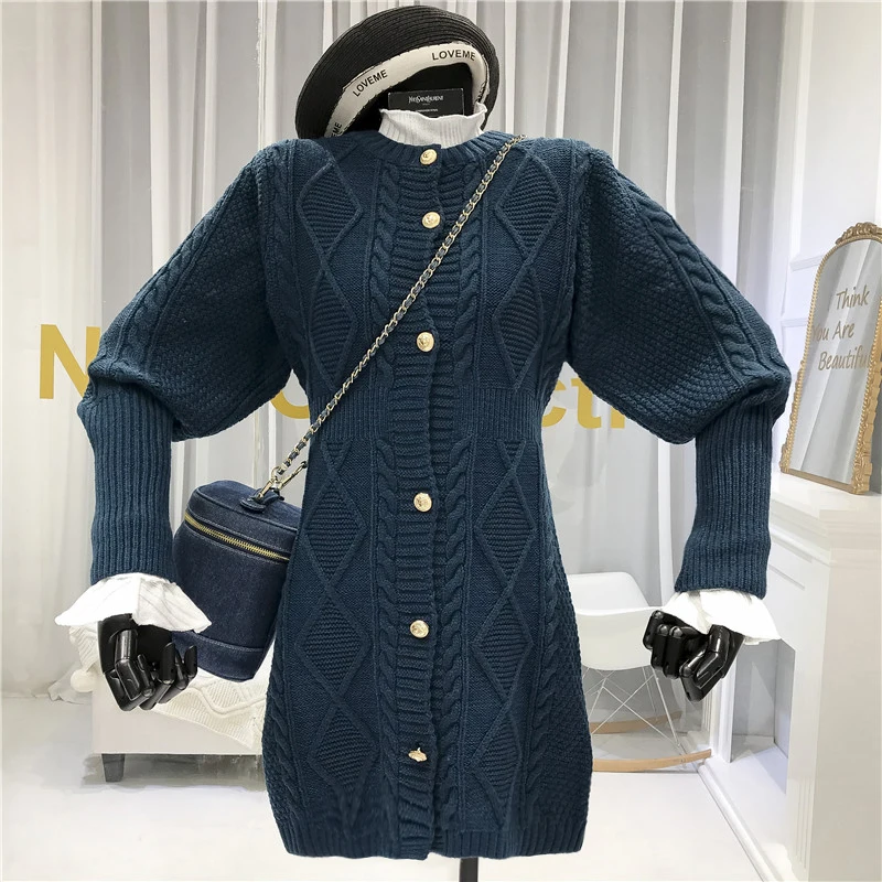Женское вязаное платье свитер ALPHALMODA Элегантное однобортное во французском стиле