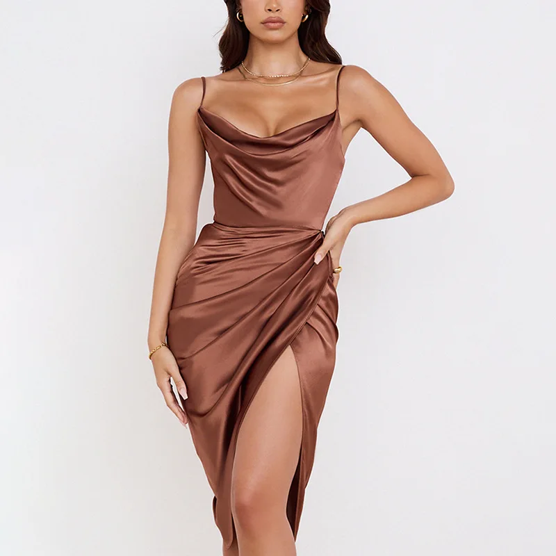 

Women Folds Satin Dress Spaghetti Strap Mini Summer Backless Strapless Slit Hip Party Sexy High Quality Above Knee Double Layer