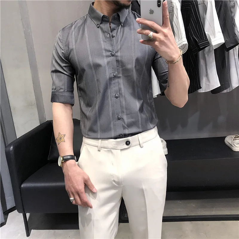 

Korean Striped Shirts Men Slim Fit Half Sleeve Shirts 2021 Summer Casual Business Streetwear Blouse Social Party Nightclub Tops