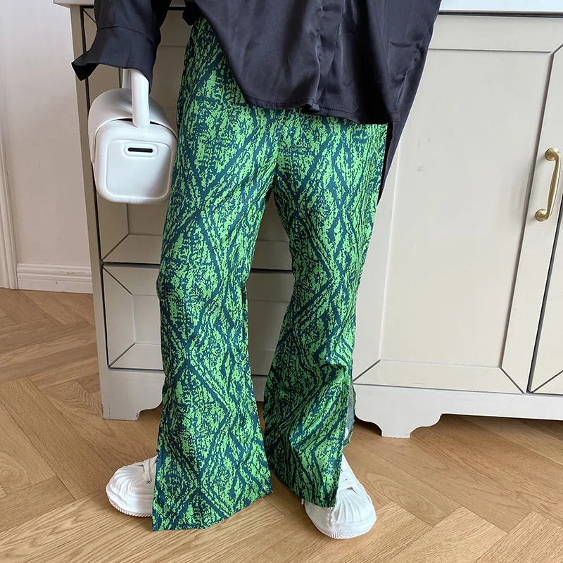 

Брюки с широкими штанинами для девочек, зеленые узорчатые штаны с высокой талией, осень 2021