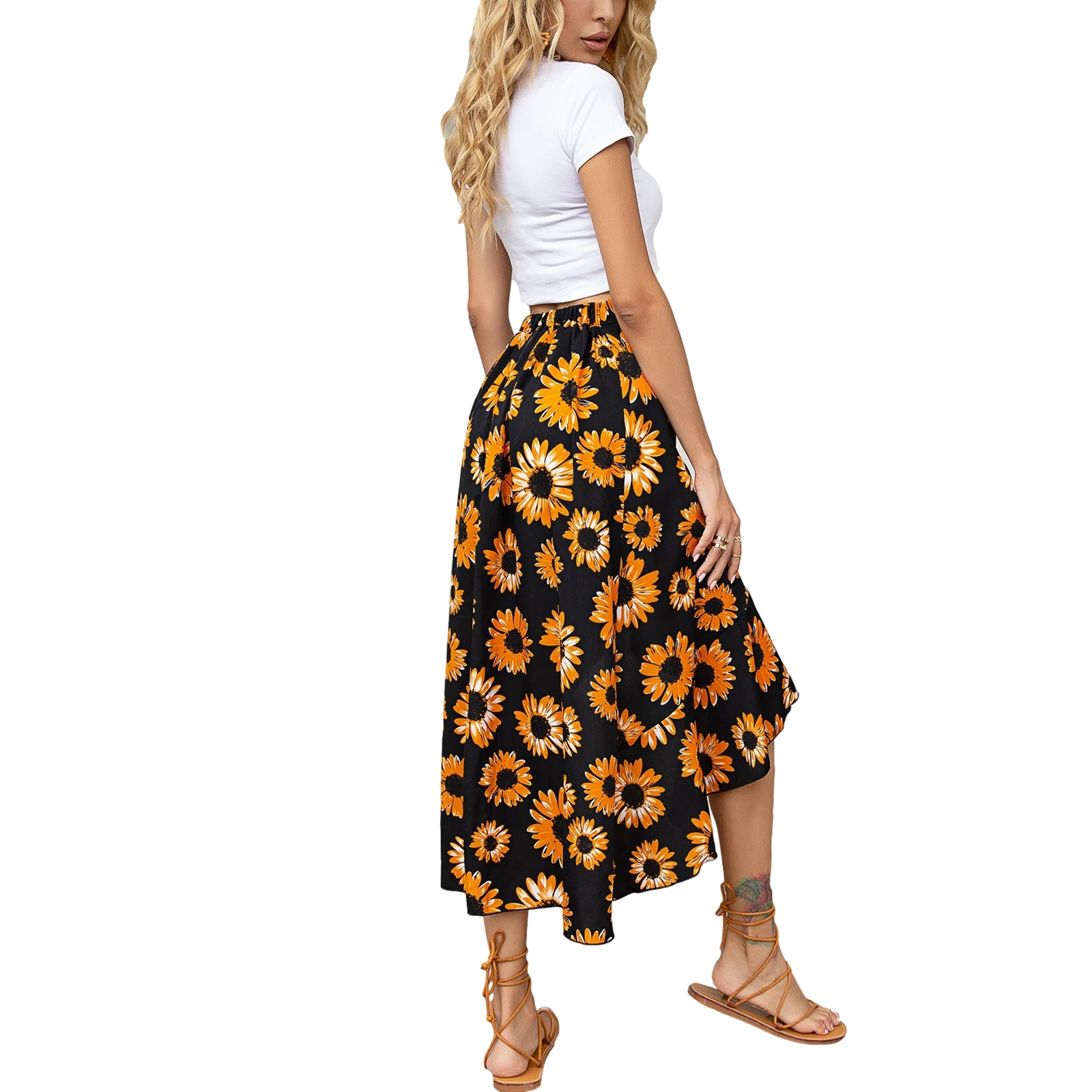 

2021 Summer Women Fashion High Waist Floral Print Skirt Stylish Irregular Hem Skirt for Ladies Female