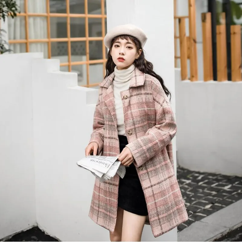 Женское шерстяное клетчатое длинное пальто 2019 Новое модное свободная верхняя