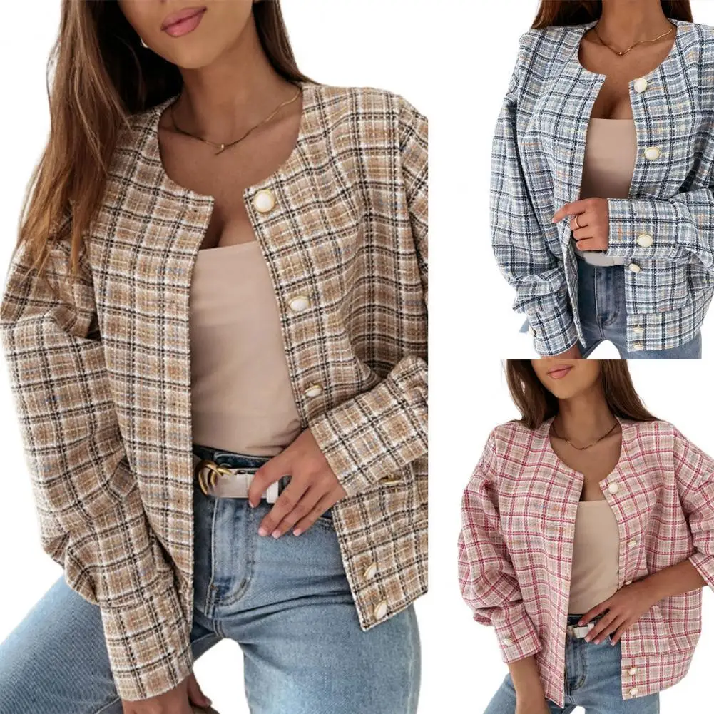 

Women Spring Jacket Long Puff Sleeve Plaid Buttons Short Coat for Work