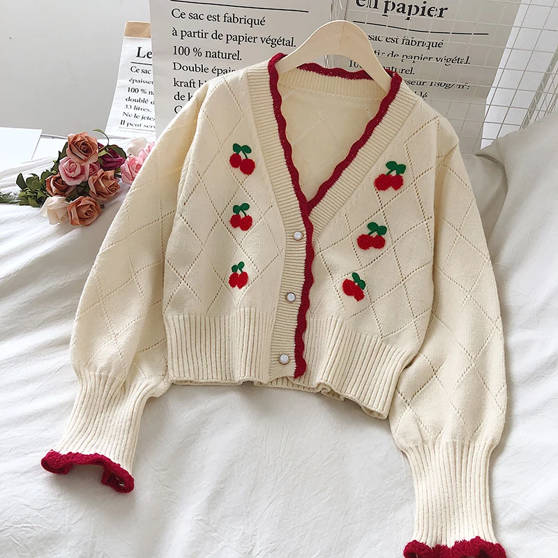 

Cherry Embroidered Elegant Knitted Cardigans Women Autumn Single Breasted Puff Sleeve Sweater Coat Harajuku Loose Short Knitwear