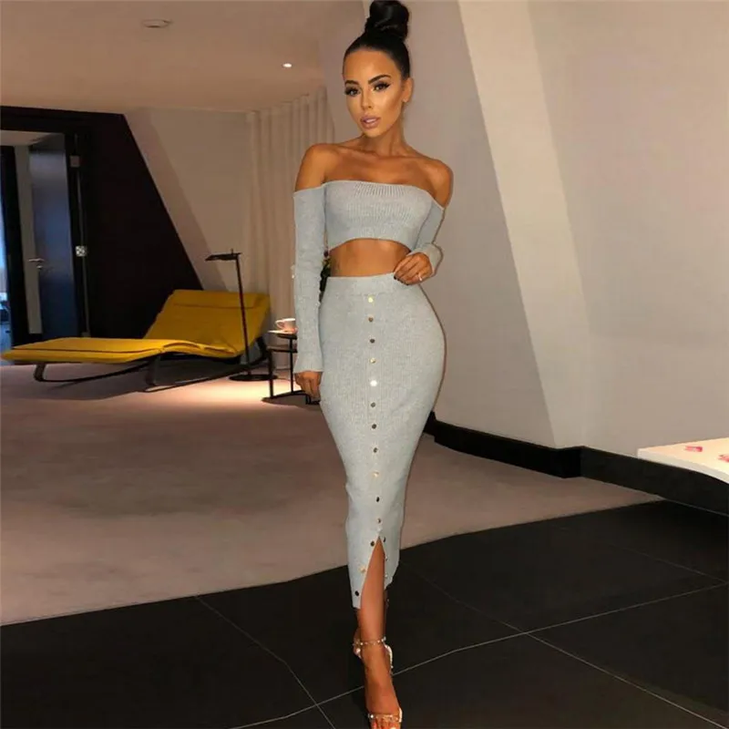 Женский комплект из двух предметов юбка с заклепками и длинным рукавом