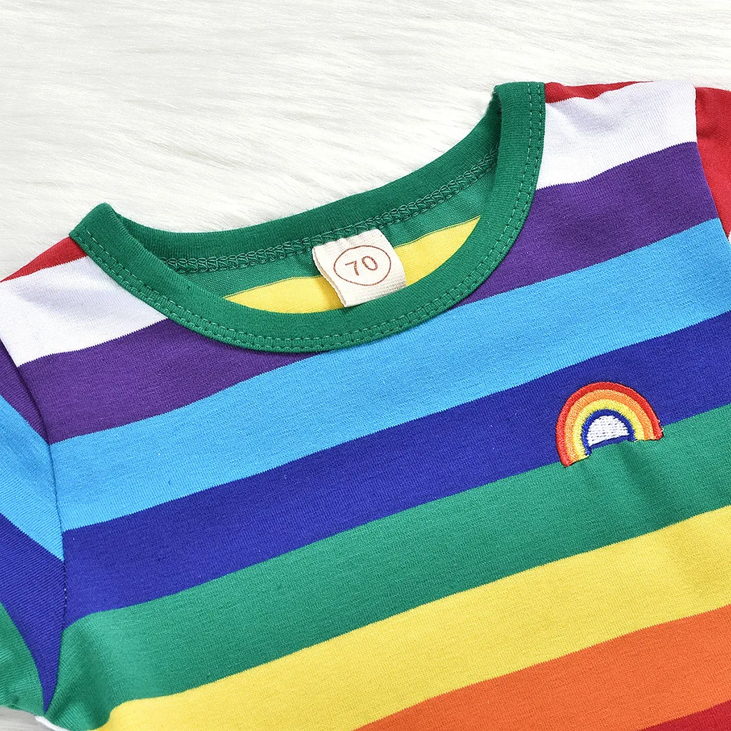 

Rainbow Stripe Printing Kids Baby Boys Girls Short Sleeve Tops Tshirt Cotton Autumn Spring Tee Children Shirts Tops 3M-3Y
