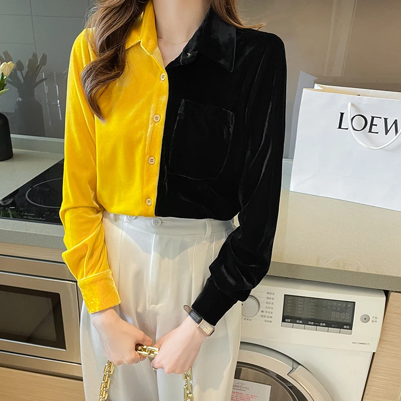 

Summer New Women's Blouses Polo Shirt Long Sleeve Top Fashion Lady Loose Solid Color Blouse Girl Golden Velvet Casual