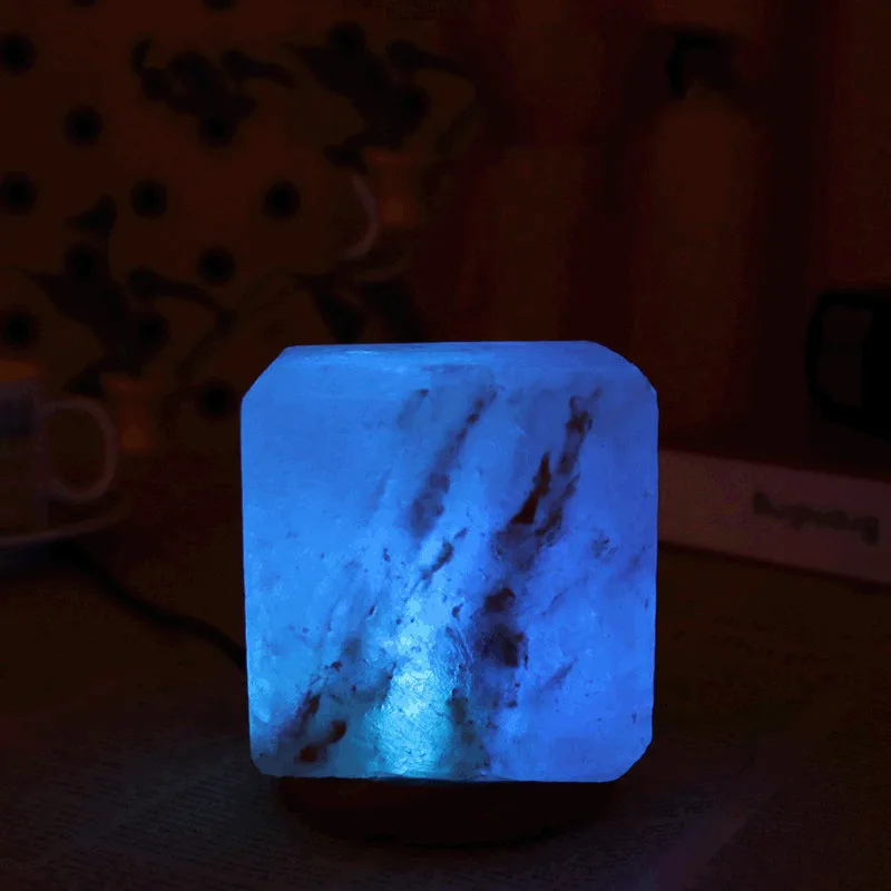 Square Creative Crystal Salt Lamp Bedroom Bedside Living Room Nightlight Decoration Wooden Base Table Led Christmas Lights |