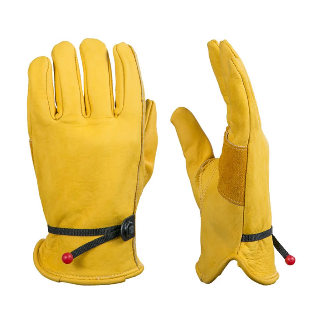 [AETRENDS] Flex Grip Leather Work Gloves Stretchable Wrist Tough Cowhide Working Gloves(Gold, S, M, L, XL) O-0047