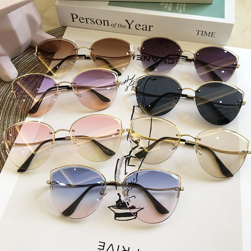 

2020 new fashion pink gradient cat eye sunglasses for women vintage rimless alloy hollow sun glasses female elegant shades brown
