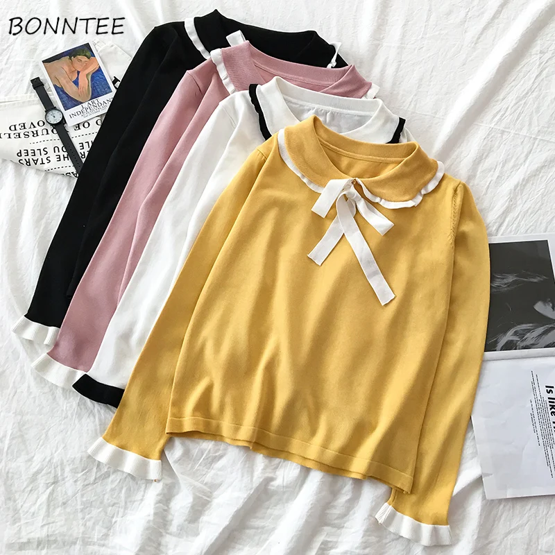 Женский свитер с бантом и гофрированным воротником повседневный милый розовый