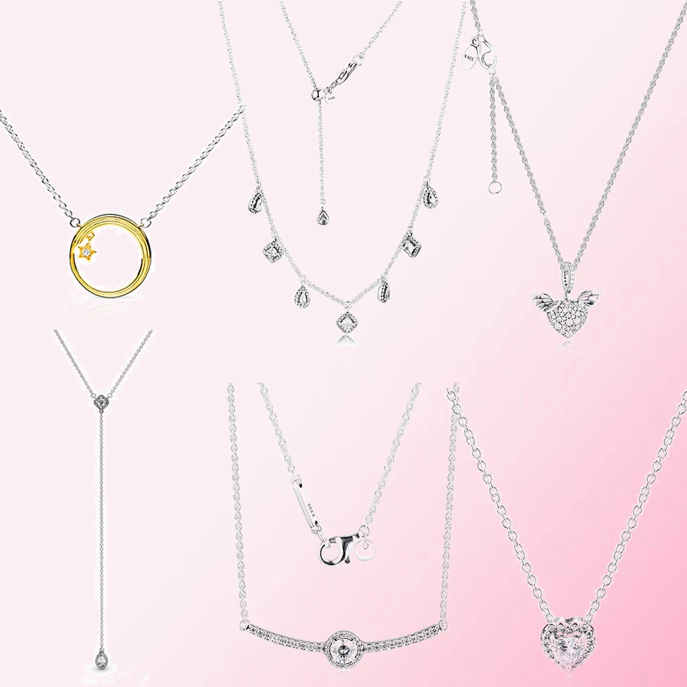 

100% 925 sterling silver Shine Shooting Star Necklaces Dangling Geometric Shapes Drop Necklace Heart Angel Wings Clavicle chain