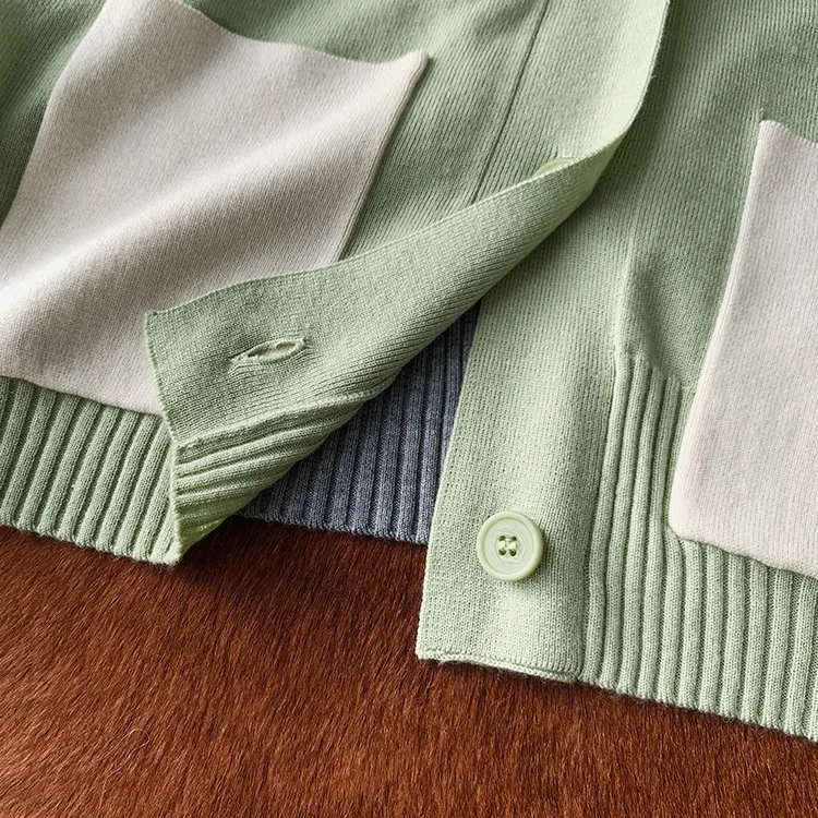 

Autumn Winter Women Sweater Single Breasted Double Pockets V-neck Color Patchwork Casual Knitwear Cardigans