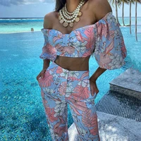 floral print two piece womens set sexy off shoulder three quarter sleeve crop top long pants sets vacation outfits summer beach