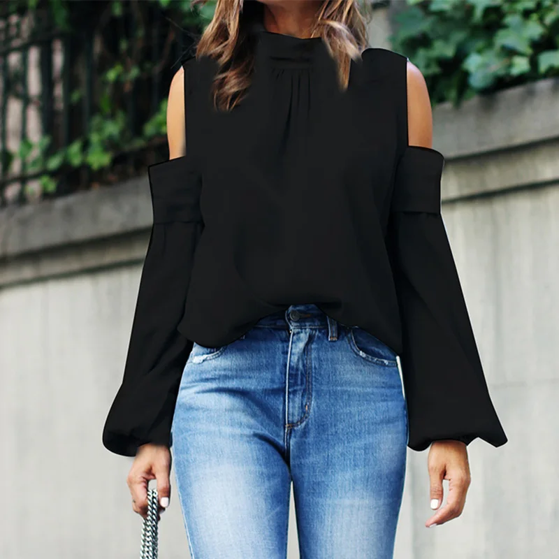 На шнуровке Женская атласная блузка с открытыми плечами водолазка расклешенные