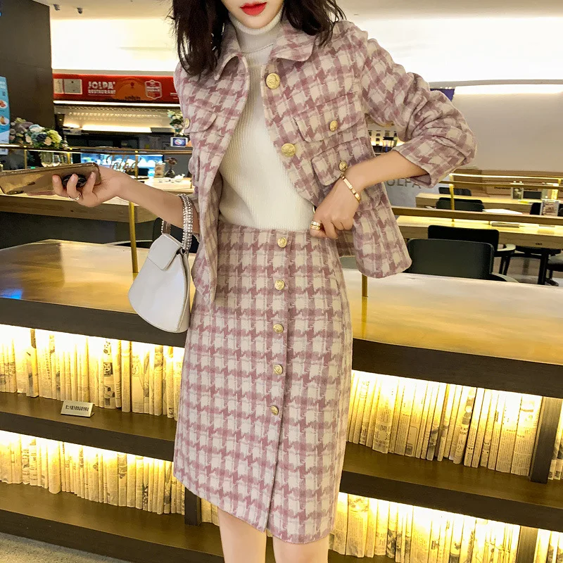 

Small fragrance suit women's 2021 new spring and autumn foreign style celebrity thousand bird Plaid Wool Dress two piece set