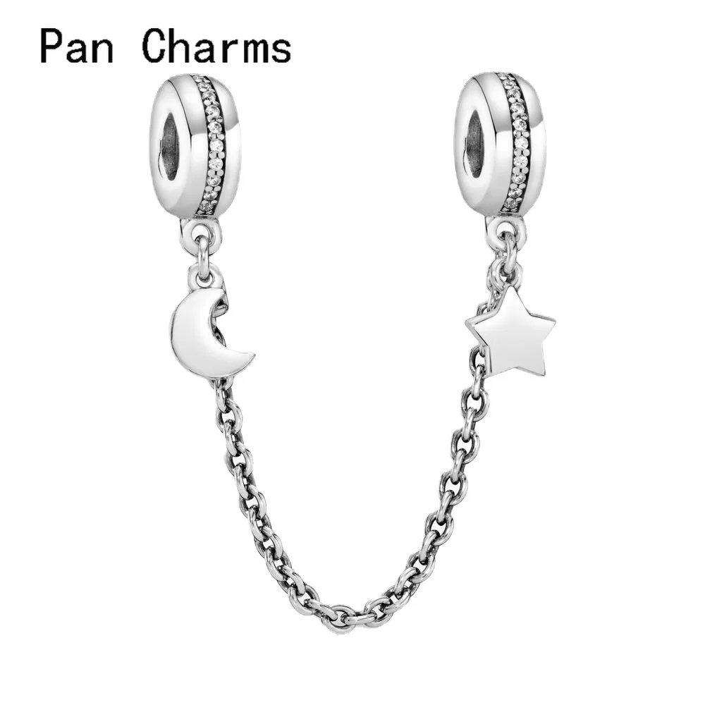 

2021 Fashion Hot Sale 30% Silver Half Moon & Star Safety Chain Charm Fit Original Beads Bracelet Jewelry Making