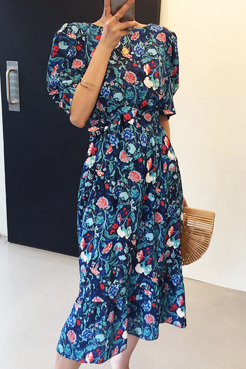 

YAMDI summer party short sleeve korean dresses vintage 2020 new woman midi dress women elegant a-line backless print floral lady