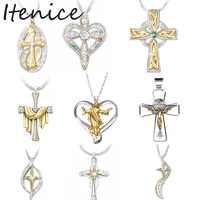 itenice religious printed necklace for women footprints crystal cross blessing pendant necklaces plated creative gold necklace