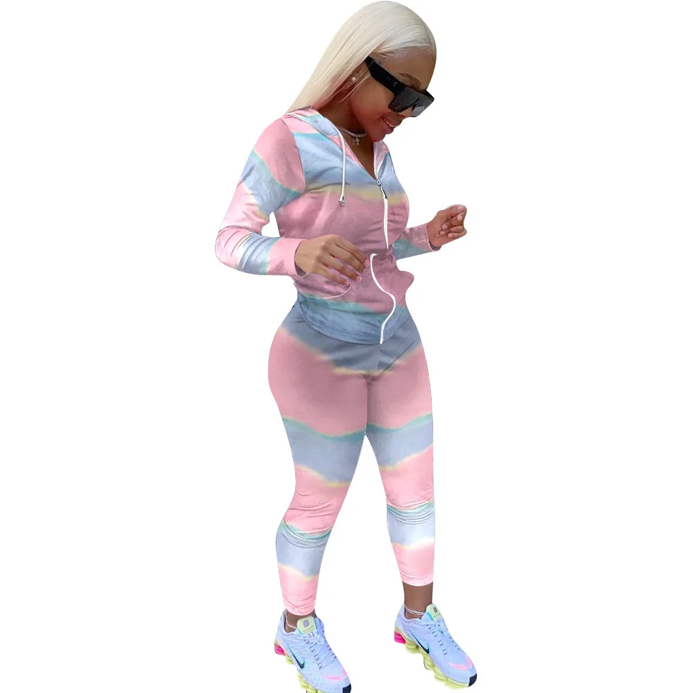 

Fannic Fashion Winter Gradient Printing Long Sleeve Hood Collar Top and Pants Two - Piece Suit for Women