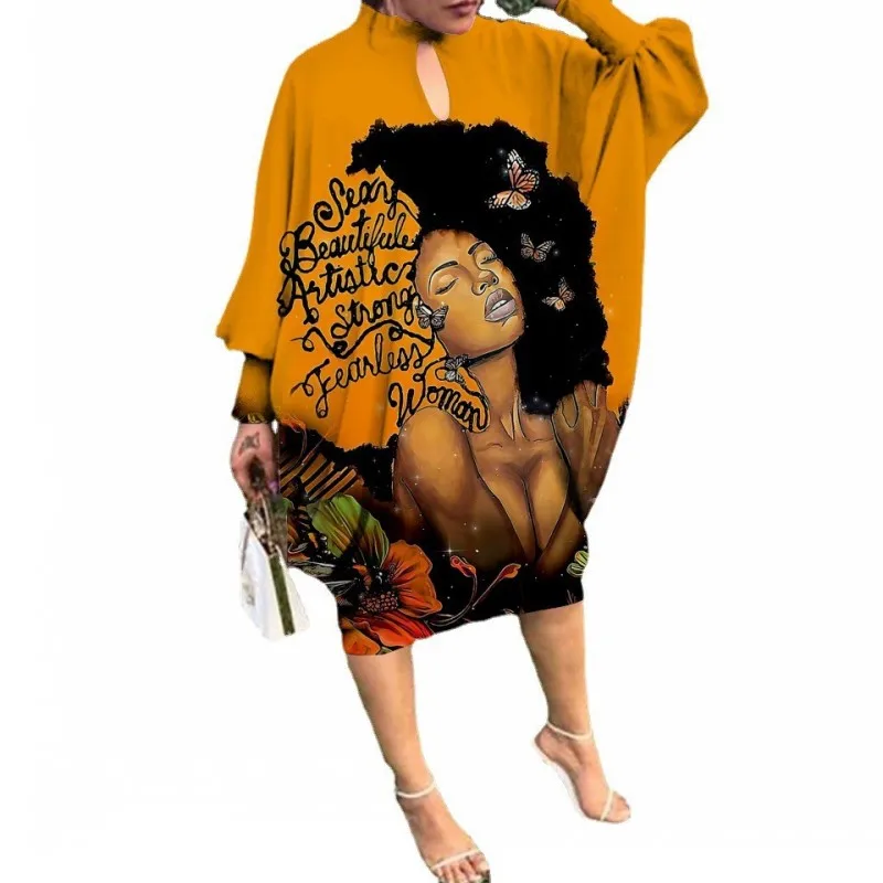 

Loose Dresses For Women Batwing Sleeve Knee Length Outfits Autumn New Stand Collar Hollow Print Streetwear Short Dress Vestidos