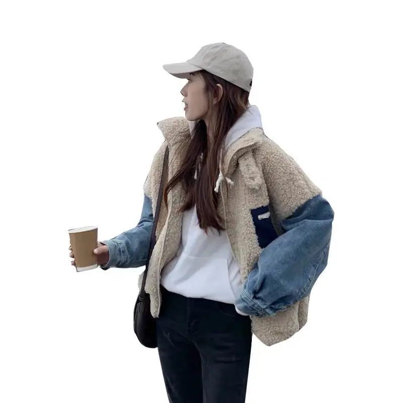 

Winter Denim Stitching Faux Lamb Fur Coat 2020 Latest Korean Style Women 's BF Loose Thick Thermal Cotton -Padded Clothes