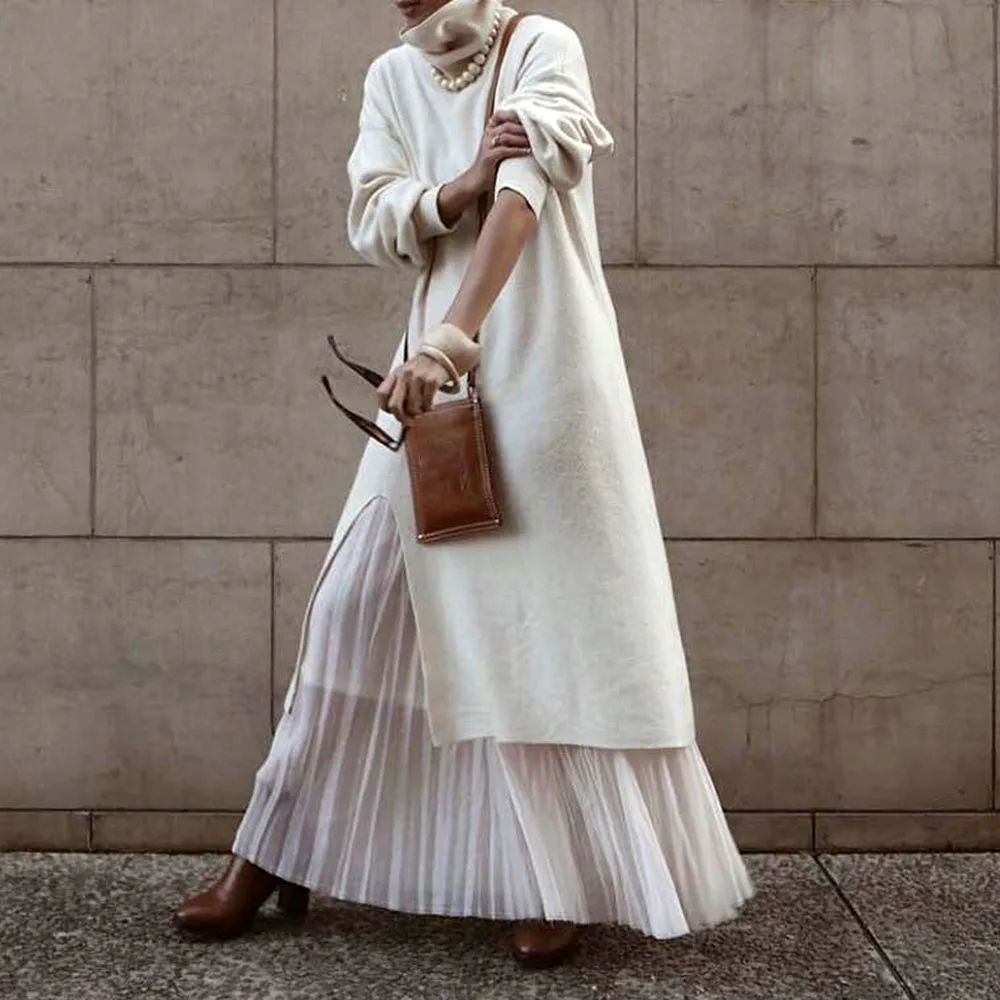 Женское длинное платье с высоким воротником повседневное теплое ТРАПЕЦИЕВИДНОЕ