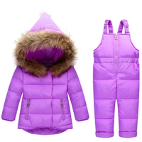 russia winter children clothing sets jumpsuit snow jacketsbib pant 2pcs set baby boy girls duck down coats jacket with fur hood