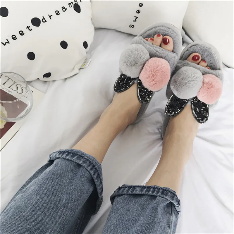 Женские меховые тапочки Rimocy теплые домашние на Плоском Каблуке с кроличьими