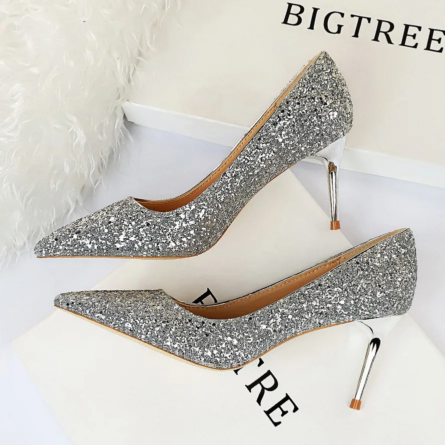 

Sequins Cloth Women Pumps Sexy 7CM High Heels Gold Sliver Bling Wedding Ladies Shoes Stiletto Chaussure Femme