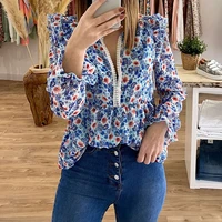 2021 new long sleeved top chiffon shirt new ruffle stitching lace v neck lantern sleeve floral top