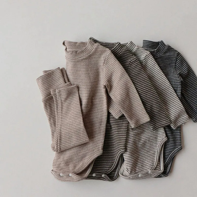 

2022 Baby Clothing Set Todddler Bodysuit Set and Option Hat Striped Bodysuit + High Waist Leggings Suit Toddler Boys Clothing