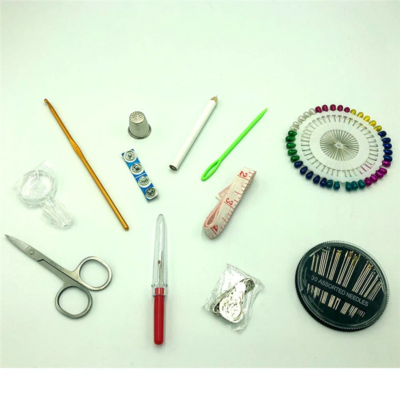 

128x Home Portable Travel Sewing Box Kit Thread Threader Stitches Knitting Needle Tape Measure Scissor Thimble Cloth Buttons Box
