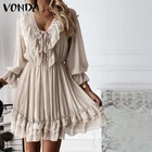 Летнее женское элегантное мини-платье для вечеринки 2022 VONDA сексуальный V-образный вырез расклешенный рукав офисный женский сарафан с оборками Vestidos S-