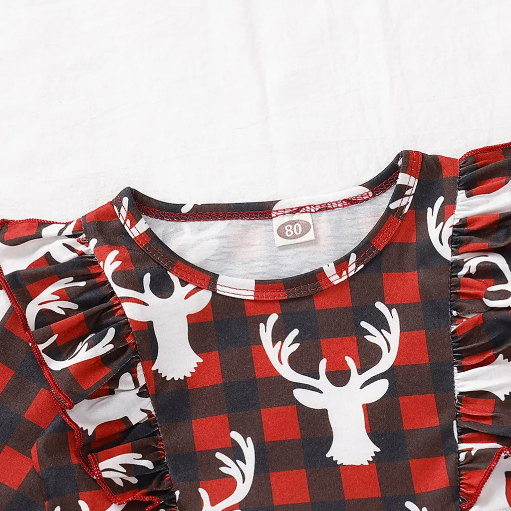 Baby Girl Christmas Dress Cartoon Elk Plaid Long Sleeve Ruffled Hundred Times Merry Party New Clothes | Детская одежда и обувь