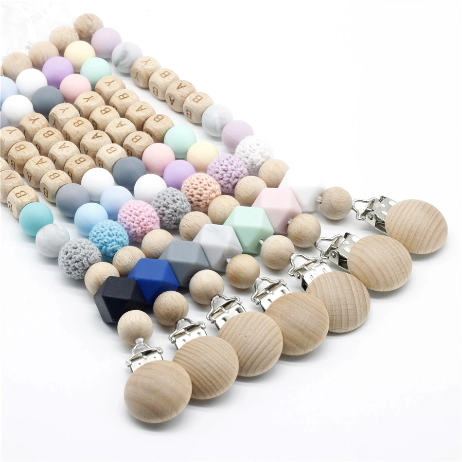 

1pc Custom Name Personalised Beads Dummy Clip Pacifier Chain Holder Natural Organic Crochet Wood Baby Newbor Shower Gift