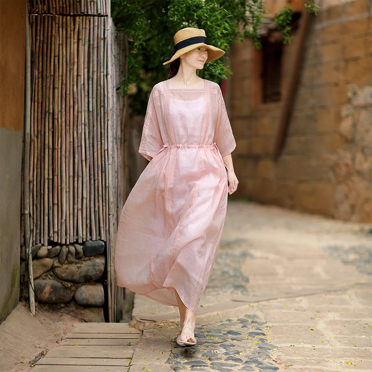 

A yuan's dress 2021 spring peach pink clear ramie one line collar drawstring waist skirt