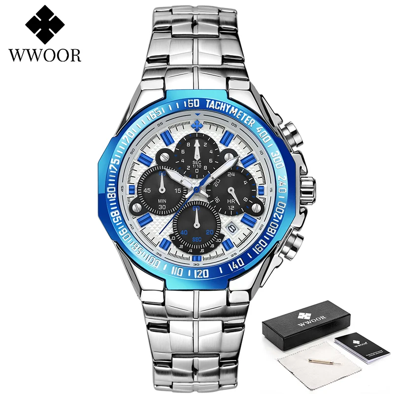 

WWOOR Luxury Blue Sport Watch Men Top Brand Big Dial Chronograph Clock Stainless Steel Watcherproof Wrist Watch Men Reloj Hombre