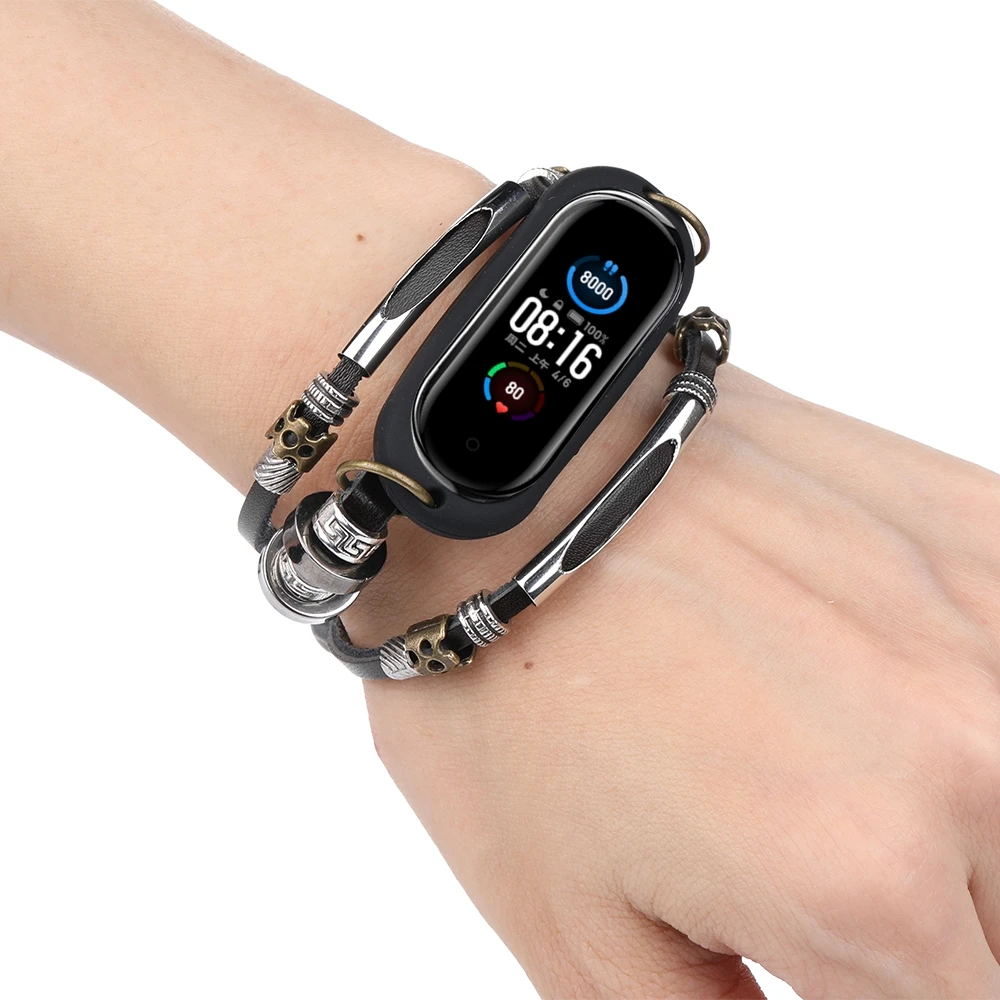 

Correa Retro Mi Band 5 Strap Fashion Leather Beading Bracelet For Xiaomi Mi Band 5 Vintage Weave Wrist Strap Replacement Mi5