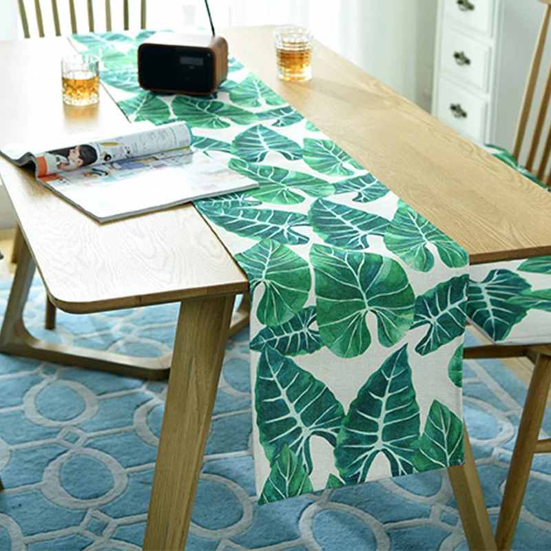 

Small Fresh Dining Table Cotton linen Green Plant Table Runner Christmas Wedding Table Runners Home Restaurant Table Decoration