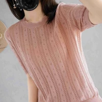 new summer o neck pullover sweater short sleeve loose hollow cotton t shirt outer wear top thin base mid sleeve sweater