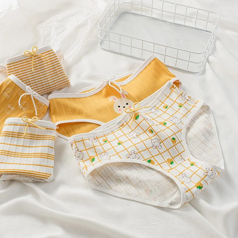 

5 Pcs Mid Waist Cute Rabbit Cotton Pack of Panties Sweet Underwear Women Lingerie Japanese Style Girls Briefs Yellow Panties