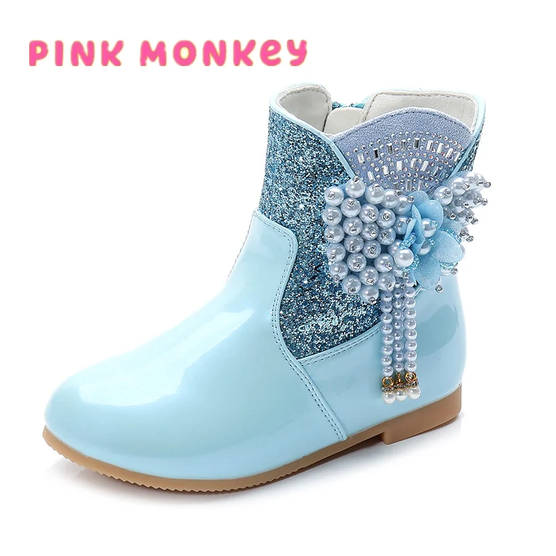 

Comfortable 2021 New Winter Boots Fashion Girls Elegant Patent Leather Boots Bowtie Bead Princess Sequins Snow Boots Outdoor Pla