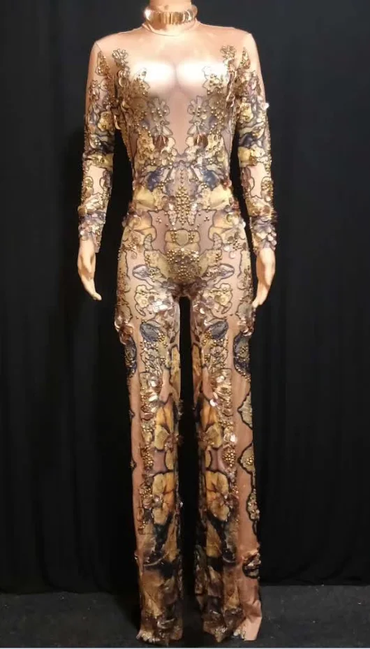 

Women Spring Jumpsuit 2021 Printed Flowers Rompers Celebrate Dance Party Female Singer Nightclub Stage Performance Costume
