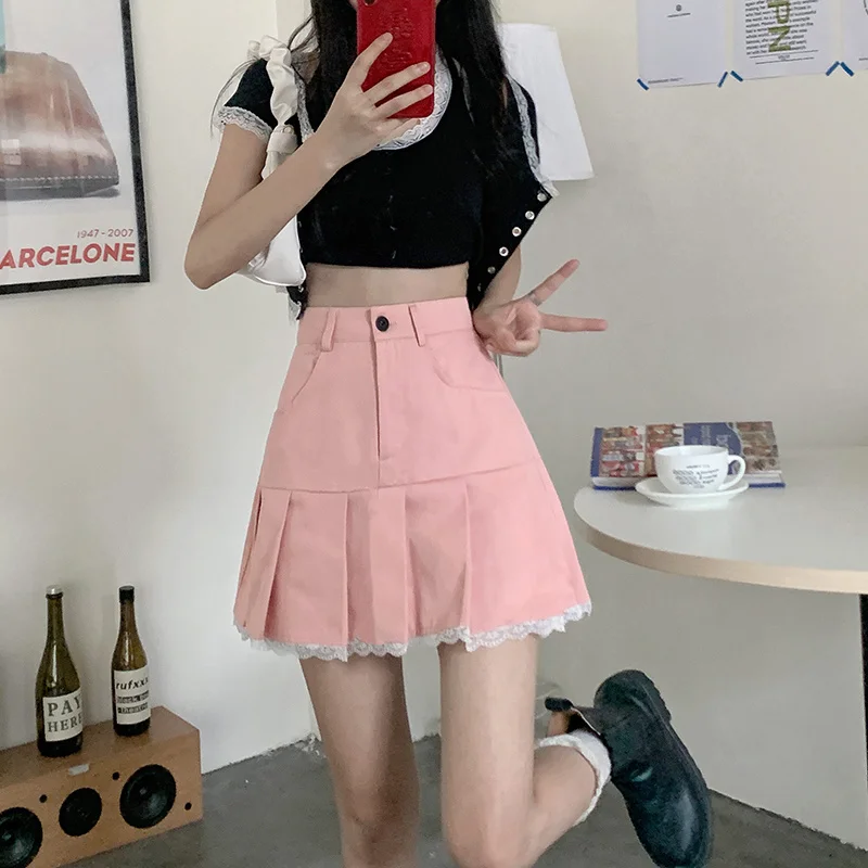 

Summer Korean New High Waist Slimming Lace Buttoned Mini Skirt Solid Chic Fashion Women All-match Sweet Bottoms Ladies Clothing